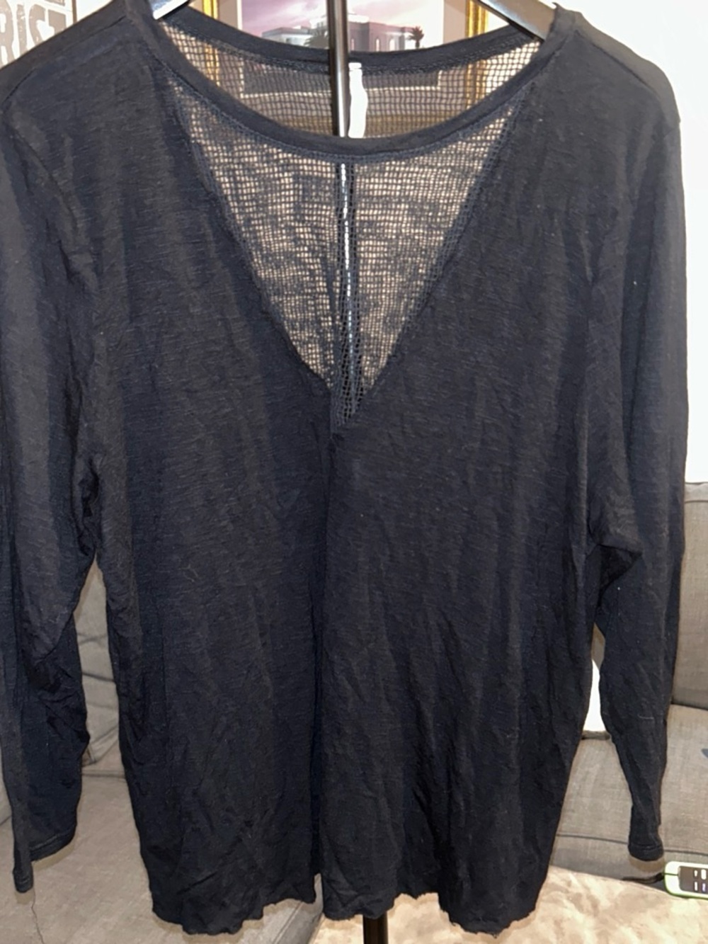 Emma & Sam Whimsigoth Black Mesh Inset V-Neck Slub Top • XS
